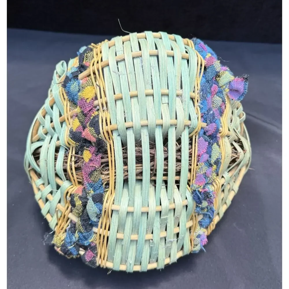 Vintage Woven African Egg Basket Super Colorful With Rag Bead Accents